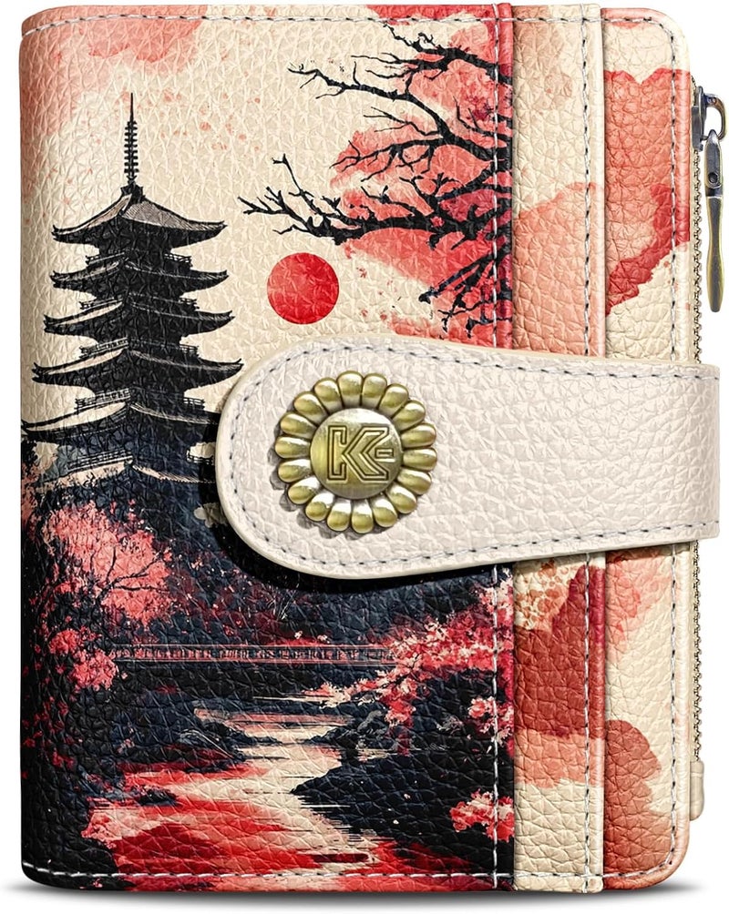 Kelvoris Japanese Sunset Goth Small Rfid Women Wallet Bifold Zipper Coin Pocket PU Leather Compact Cash Credit Card Holder Travel Wallet for Female Ladies Teen Girls 1 ID Window 10 Card Slots - Image 1